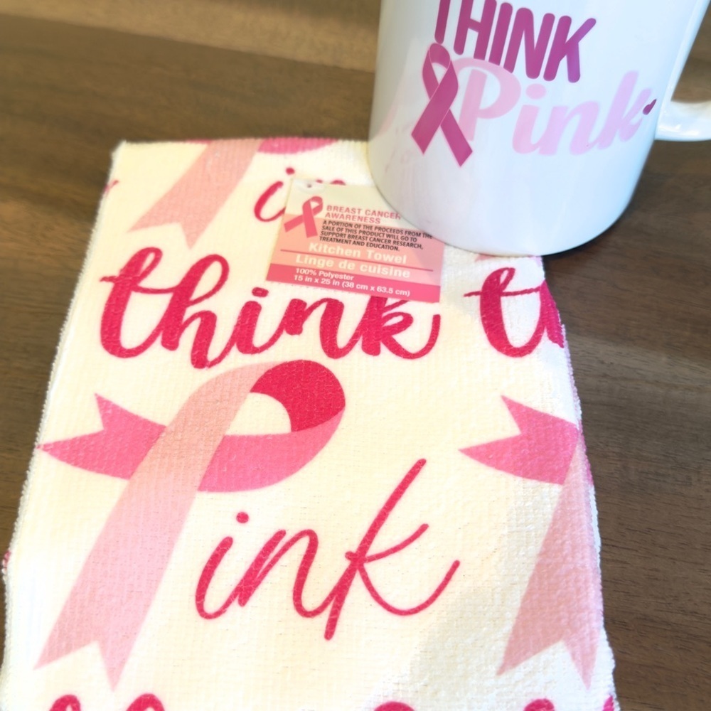Think Pink Breast Cancer Awareness Kitchen Towel Coffee Mug Set New